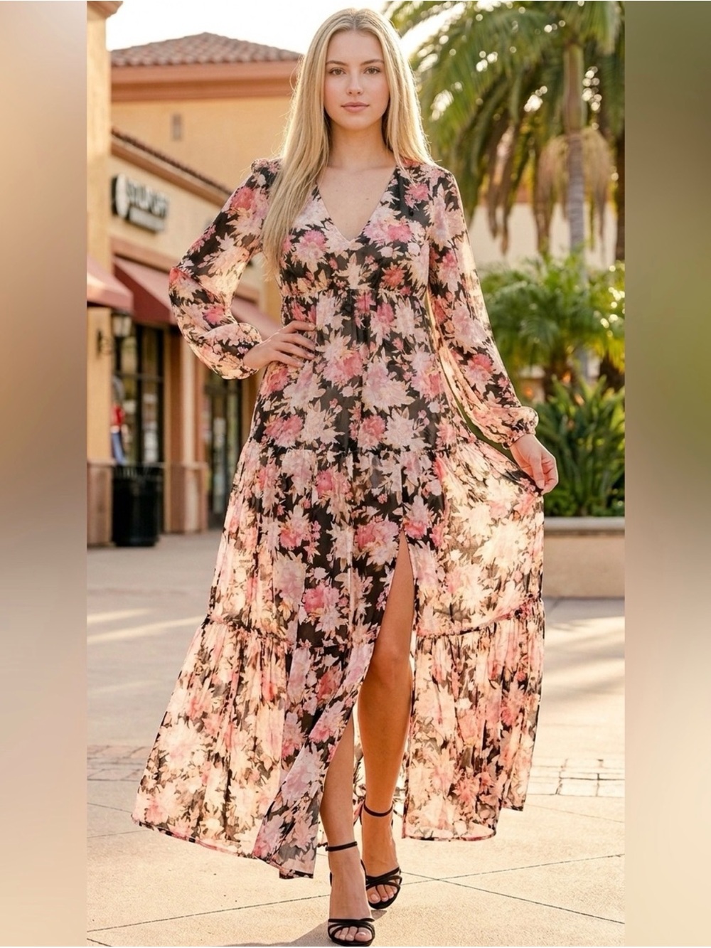 Miley & Molly Floral V-Neck Long Sleeve Maxi Dress in Pink and Black